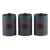 Conjunto de Latas Herméticas Porta Condimentos de Ferro Cinza e Tampa com Puxador Couro Sugar Coffee Tea - 3 Peças - Ela Decora
